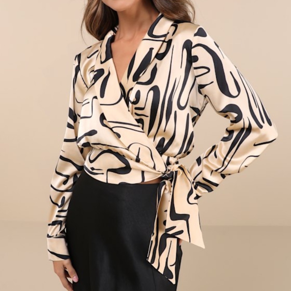 Lulus Artistic Inspiration Beige Abstract Print Satin Wrap Top - Size M